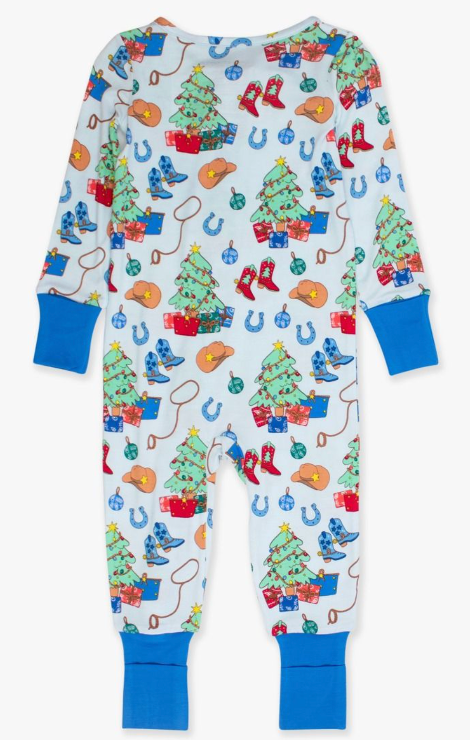 RuffleButts Blue Yuletide Yeehaw One Piece PJ
