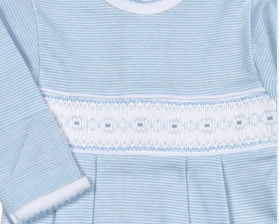 Baby Loren Tim Blue Stripes Hand Smocked Pima Gown