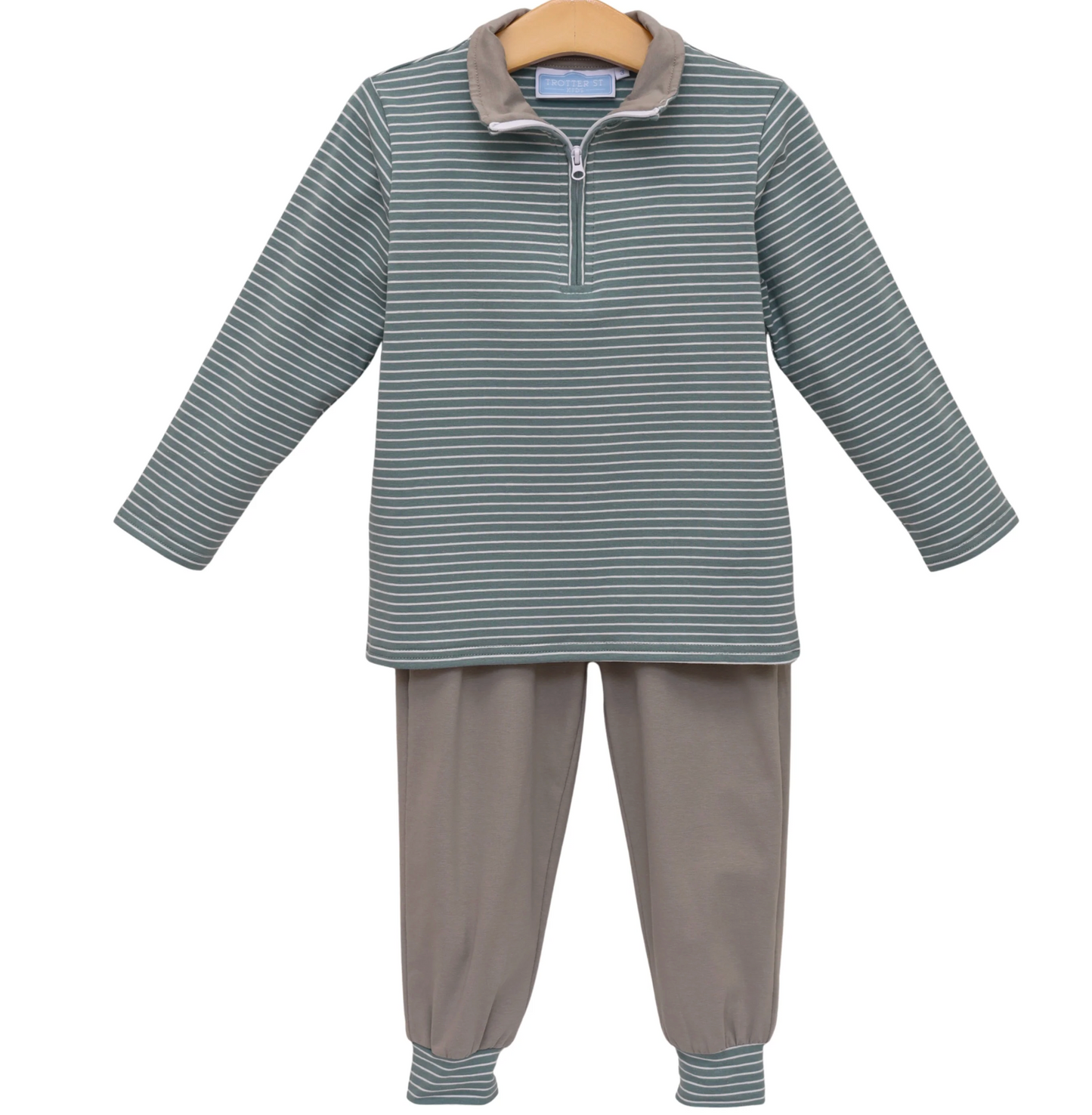 Trotter Street Kids Tucker Pullover Set - Sage Stripe/Beige