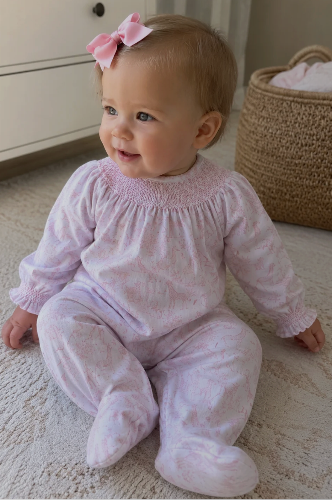 Baby Loren Pink Baby Safari Hand Smocked Bishop Footie