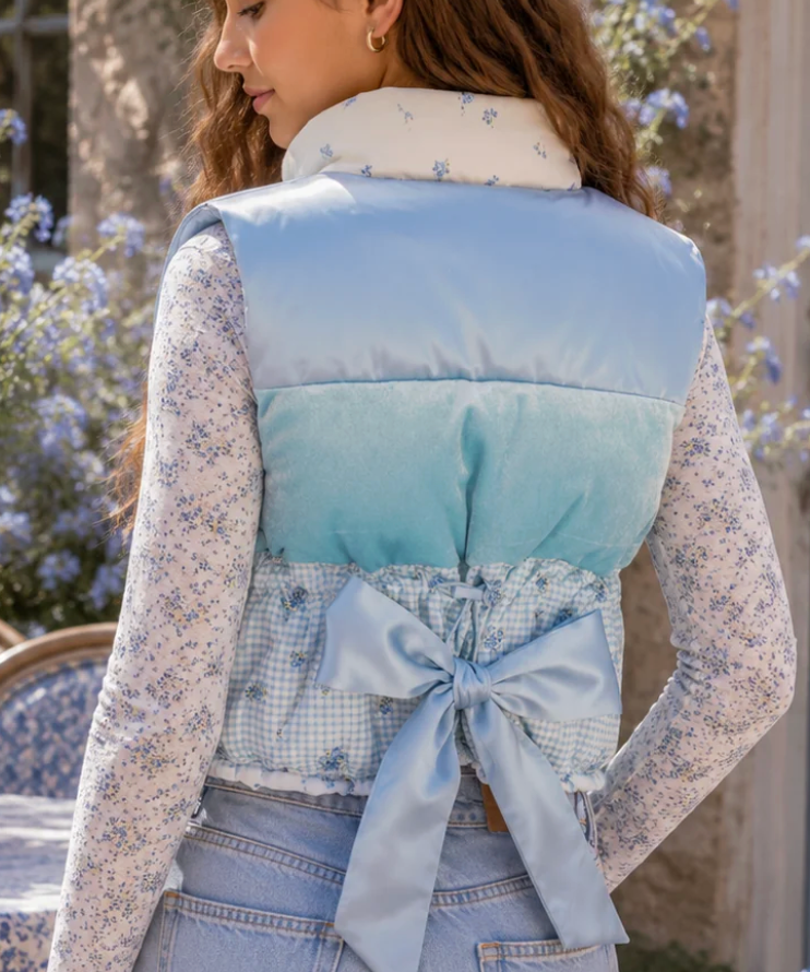 Peach Love Blue Floral Back Bow Puffer Vest