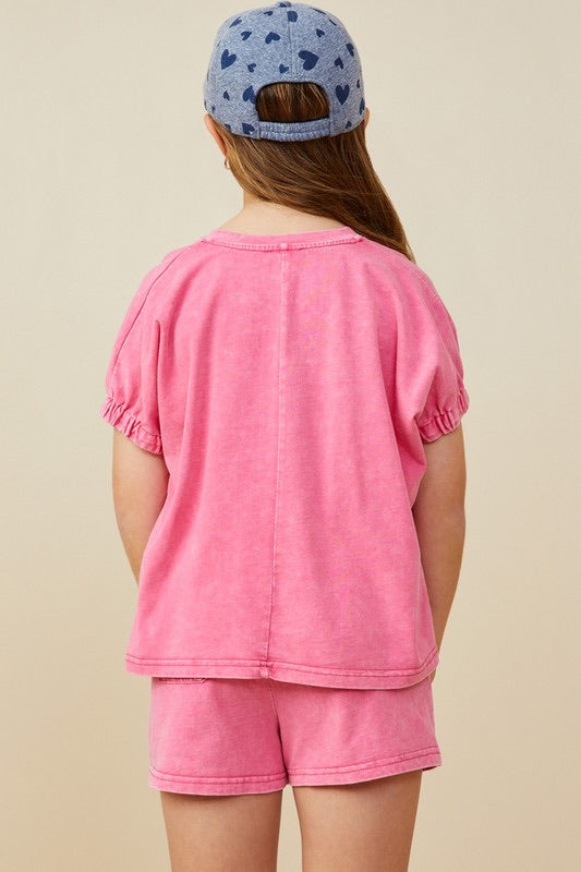 Pink Garment Washed Elastic Sleeve/Cargo Short Set