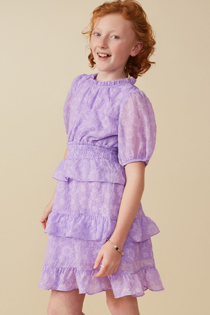 Girls Waterfall Ruffled Chiffon Dress Lavender