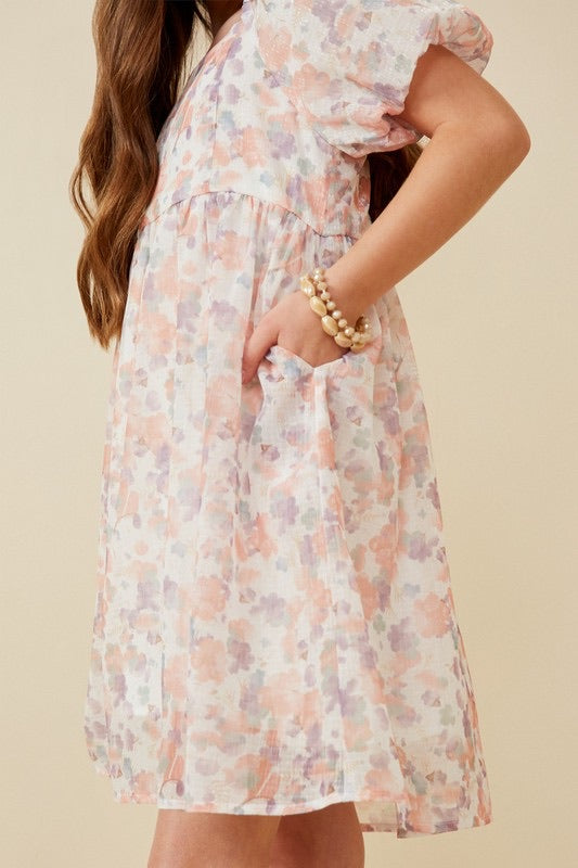 Girls Watercolor Print Smocked Back Trumpet Sleeve Dress