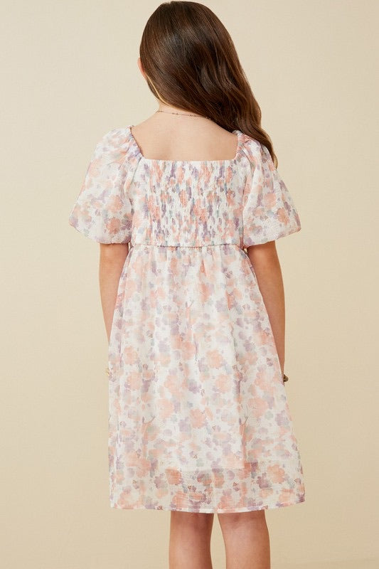 Girls Watercolor Print Smocked Back Trumpet Sleeve Dress