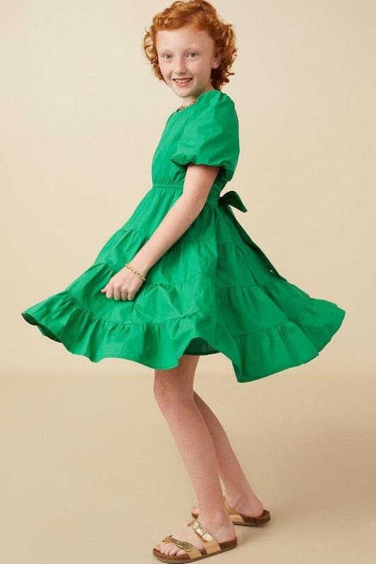 Girls Kelly Green Bow Back Poplin Sleeve Dress