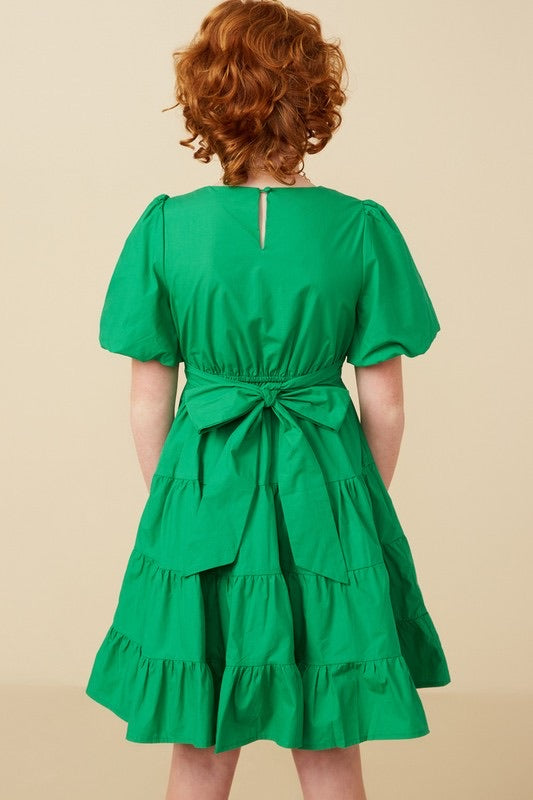 Girls Kelly Green Bow Back Poplin Sleeve Dress