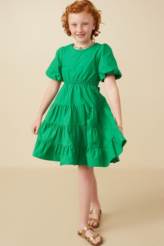 Girls Kelly Green Bow Back Poplin Sleeve Dress