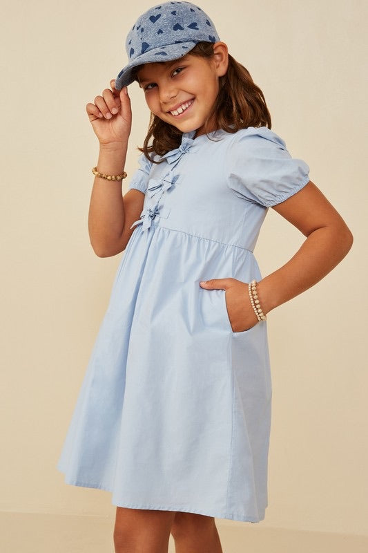 Girls Ribbon Detailed Blue Puff Sleeve Dress
