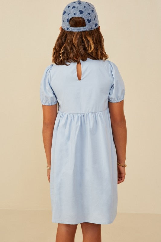 Girls Ribbon Detailed Blue Puff Sleeve Dress