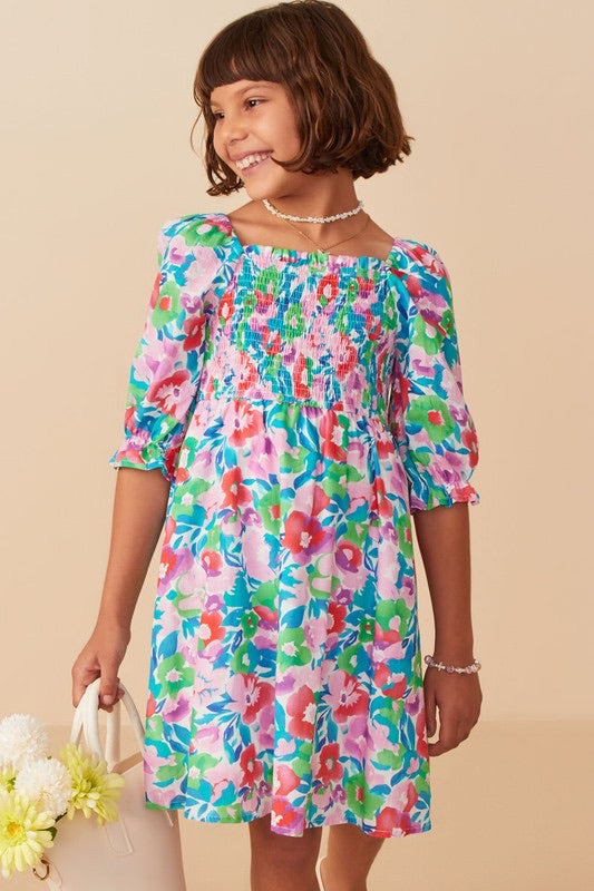 Smocked Bodice Floral Puff Sleeve Dress