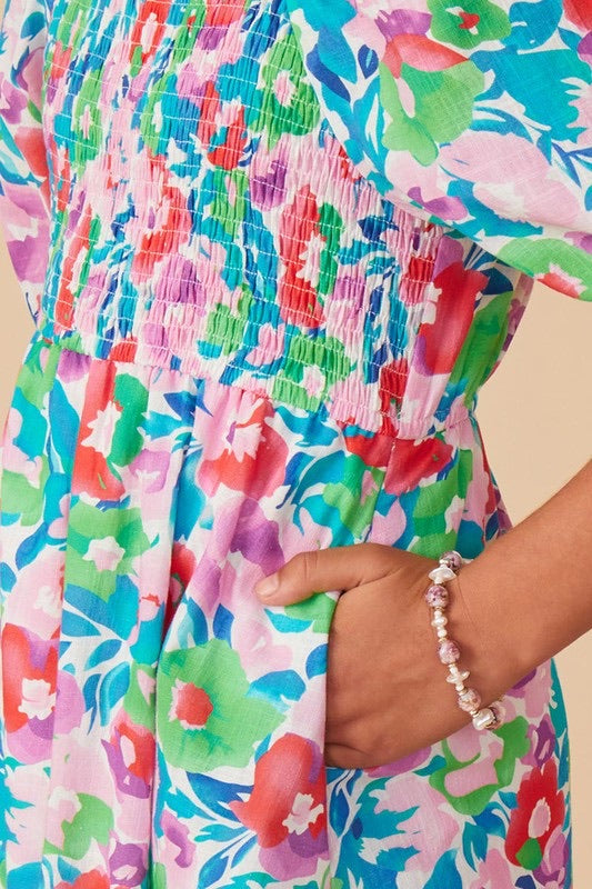 Smocked Bodice Floral Puff Sleeve Dress