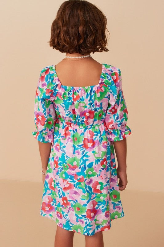 Smocked Bodice Floral Puff Sleeve Dress