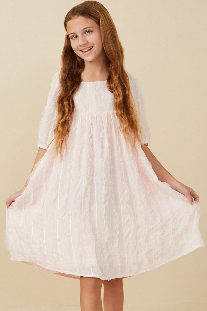 Girls Lt Pink Ruffled Mesh Square Neck Dress