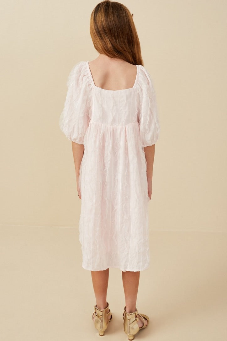 Girls Lt Pink Ruffled Mesh Square Neck Dress