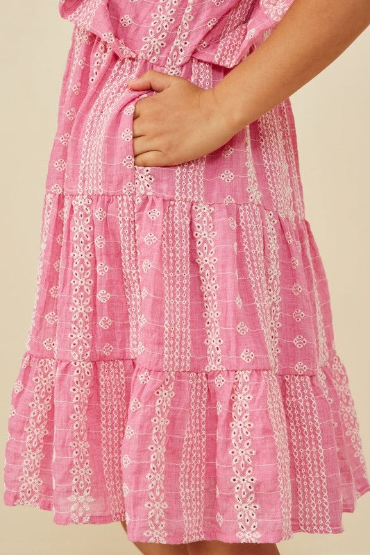 Girl Embroidered Pink Ruffled Sleeve Dress