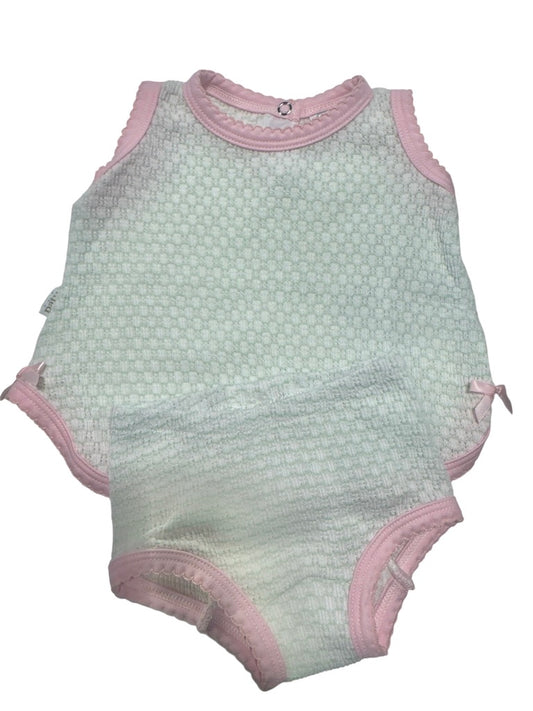 Paty Knit 2pc Sleeveless Diaper Set w/Bow Mint w/Pink Trim