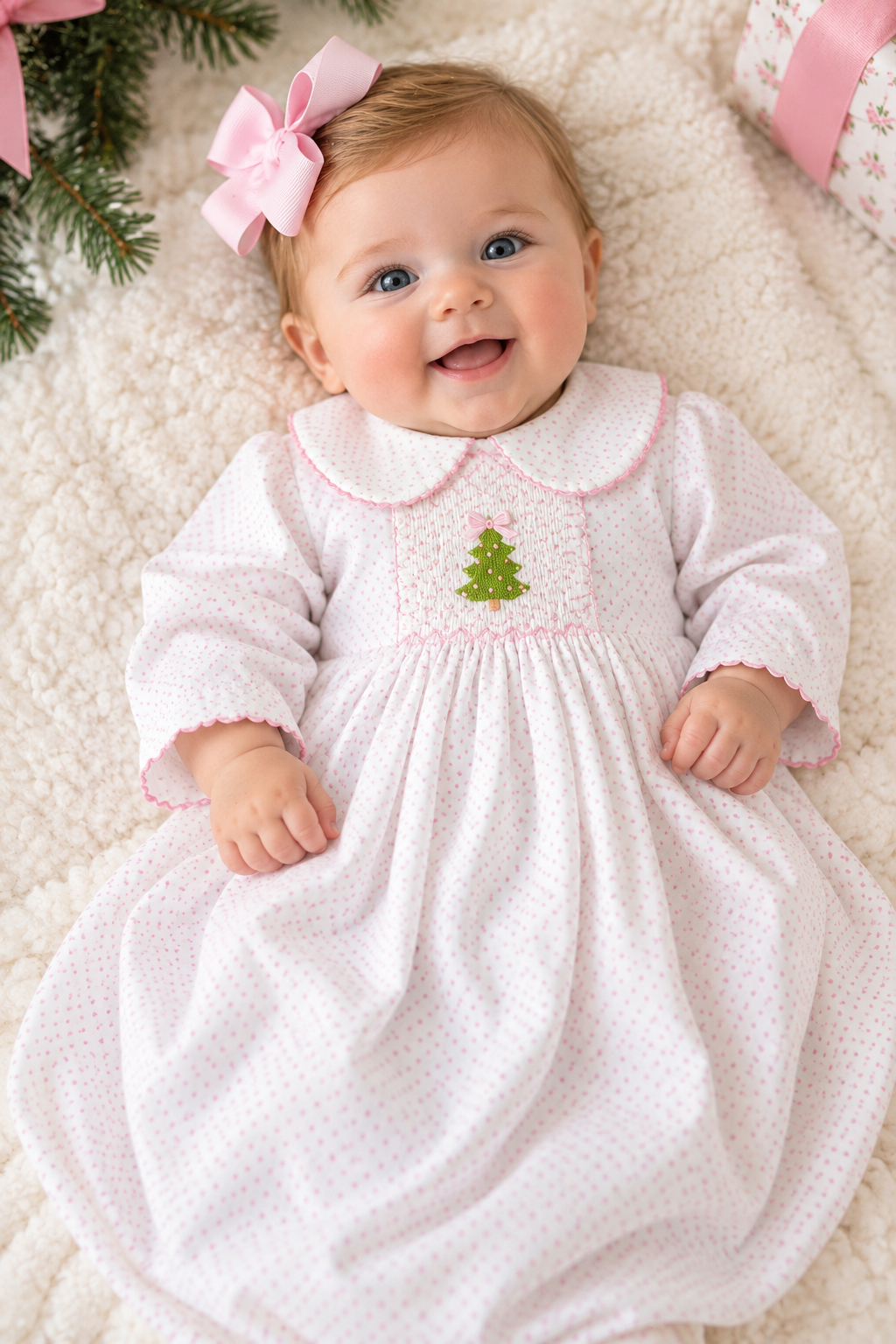 Delaney Pink Mini Dot Smocked Christmas Tree Gown & Bonnet