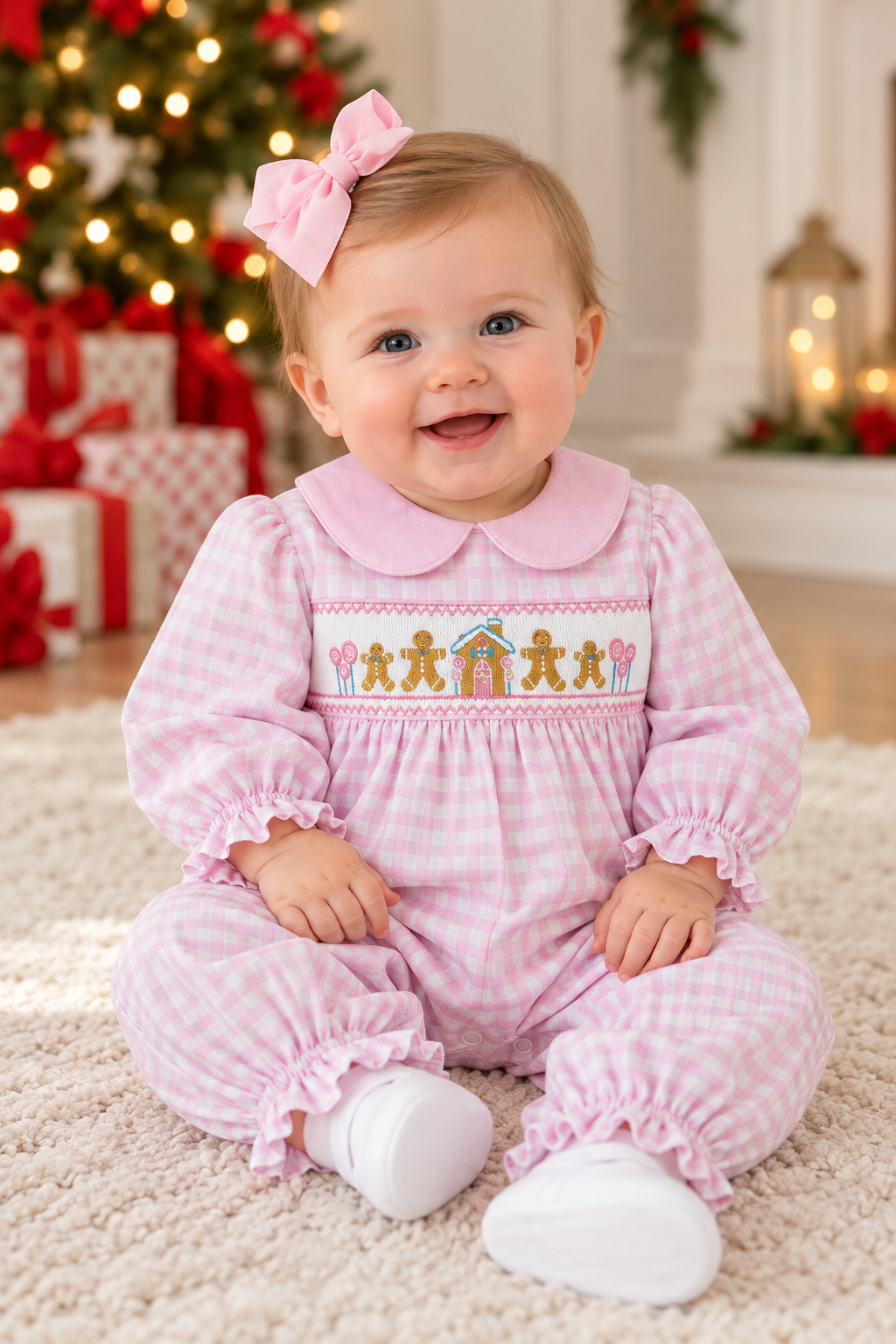 Delaney Pink/White Checked Smocked Gingerbread House Romper