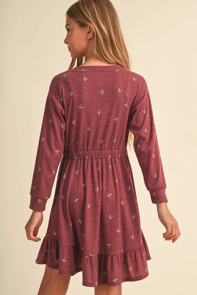 Heart & Arrow Knit Long Sleeve Dress - Burgundy