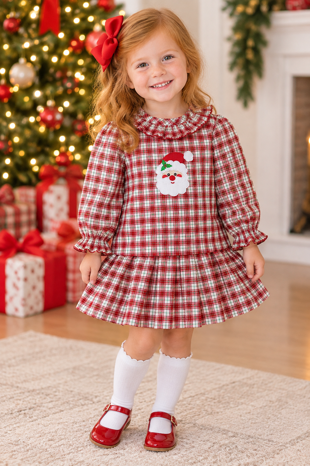 Delaney Christmas Plaid Ruffled Collar Two Pc Set with Santa