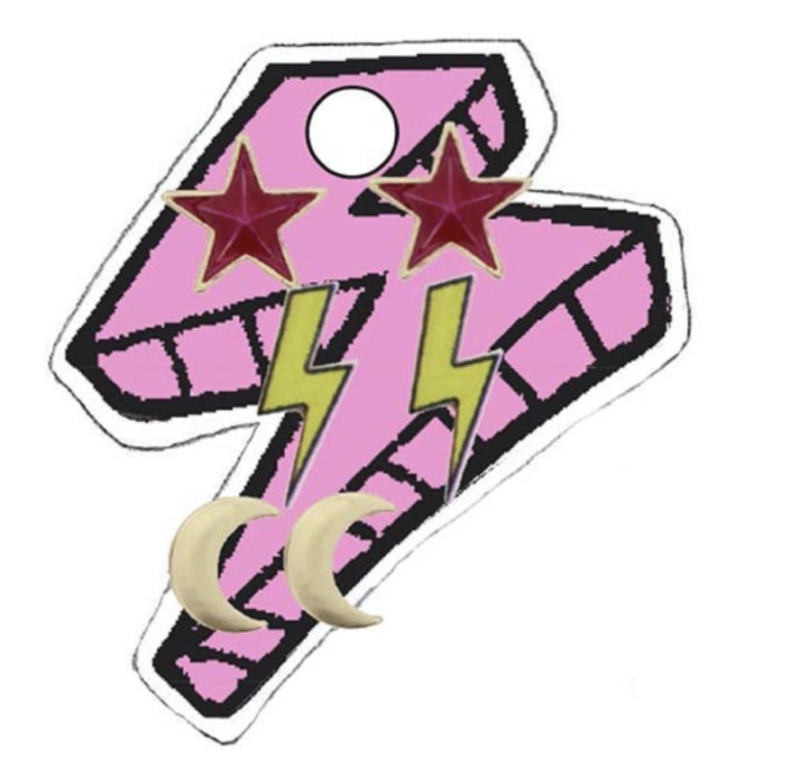 Gold Moon, Hot Pink Star, Lightning Bolt Studs