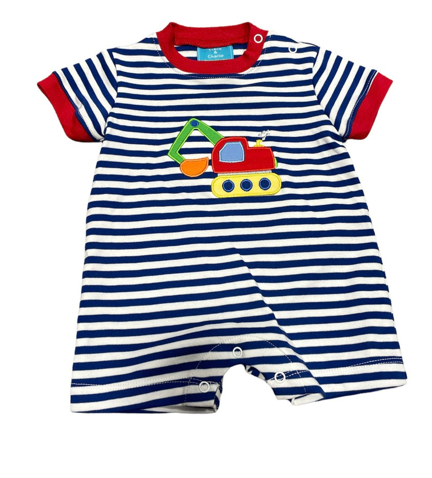 Excavator Truck Royal Blue Stripe Knit Romper