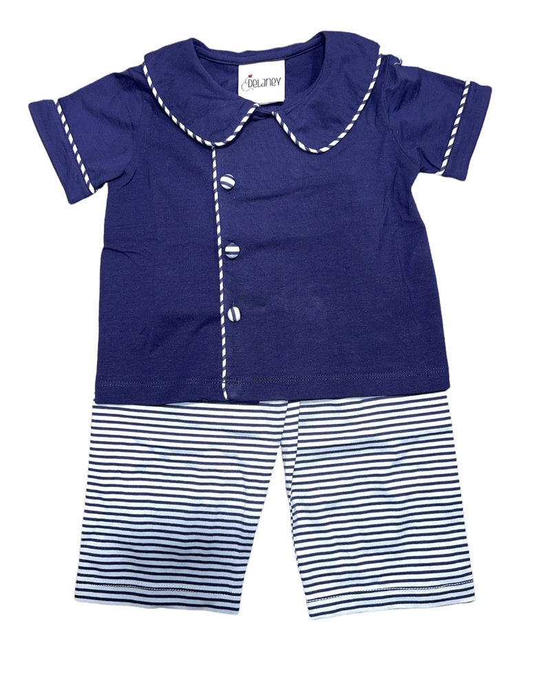 Boys Navy Knit Collared Set