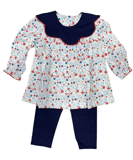 Girls Red/Navy Floral w/Navy Scallop Collar Pant Set