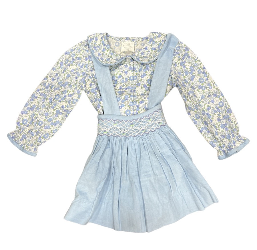 Blue Floral Smocked Shirt w/Blue Cord Smocked Skirt