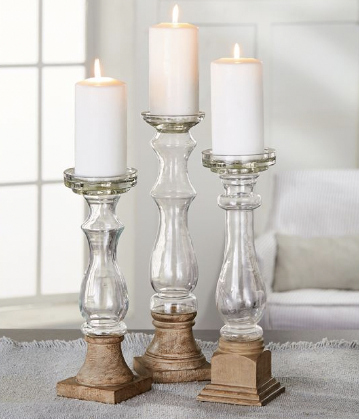 GLASS AND WOOD CANDLESTICKS