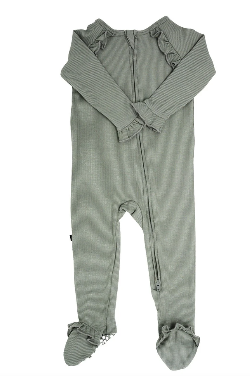 Olive Green Ribbed Ruffle Footie
