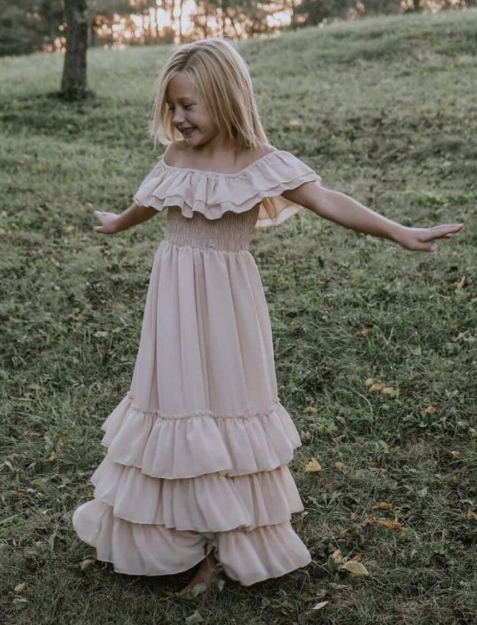 Nellie Champagne Ruffle Maxi Dress