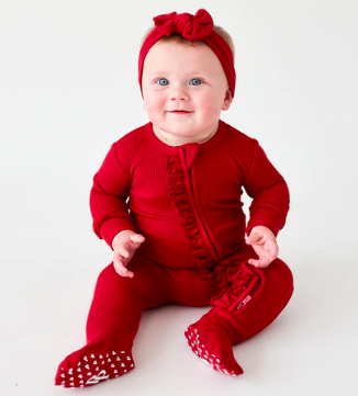 Posh Peanut Maroon Waffle Footie Ruffled Zippered One Piece