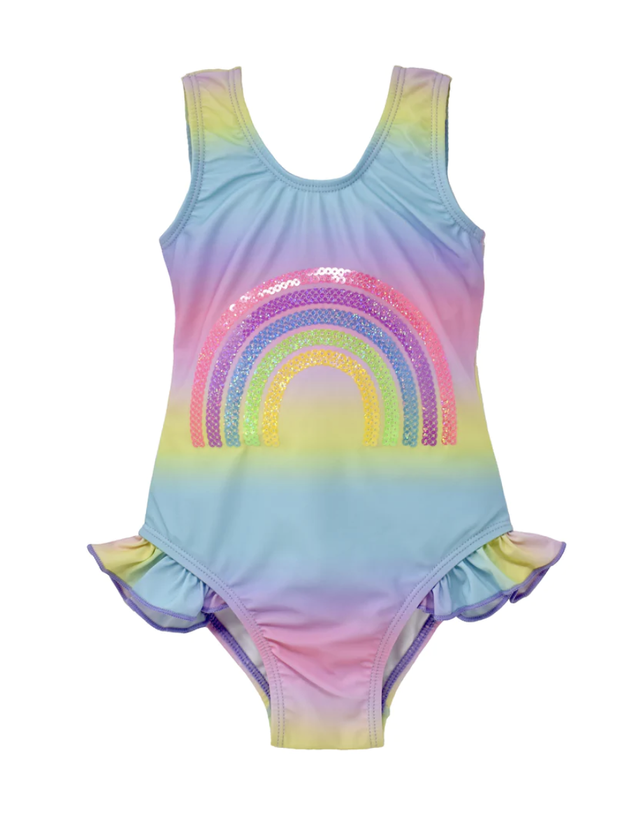 Simone Sequin Hip Ruffle Swimsuit Sequin Rainbow