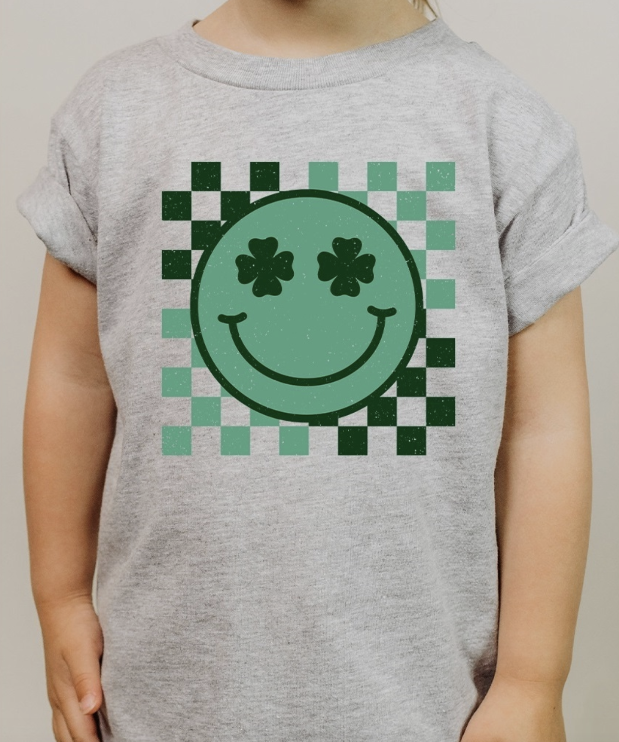 Checkered Clover Smiley Face Tee-Grey