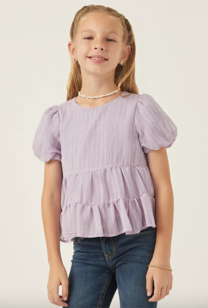 Purple Stripe Puff Sleeve Tiered Top