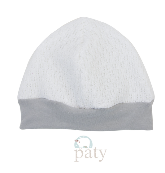 Paty White Beanie Cap w/Grey Cotton Trim