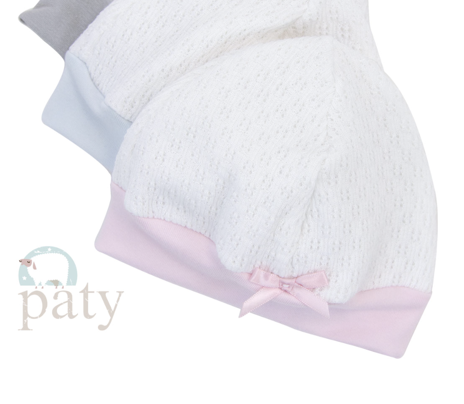Paty White Beanie Cap w/Pink Cotton Trim
