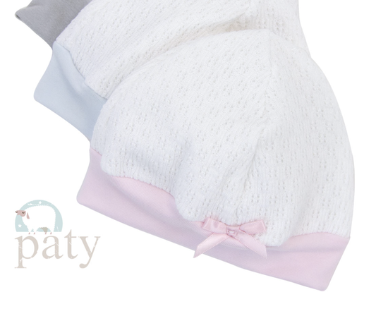Paty White Beanie Cap w/Pink Cotton Trim