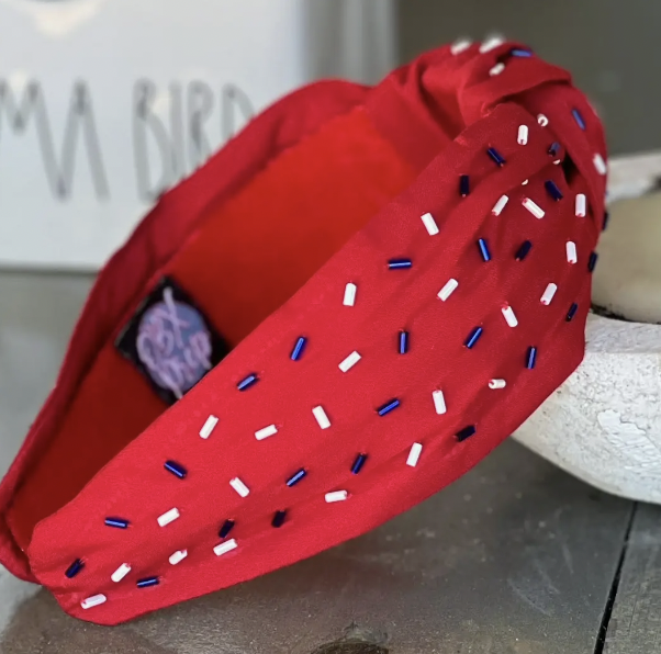 Patriotic confetti red seed bead front knot headband