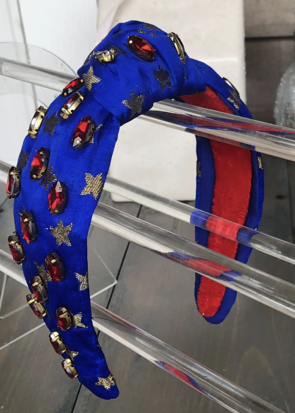 Patriotic Blue and Gold Star Jeweled Top Knot Headband