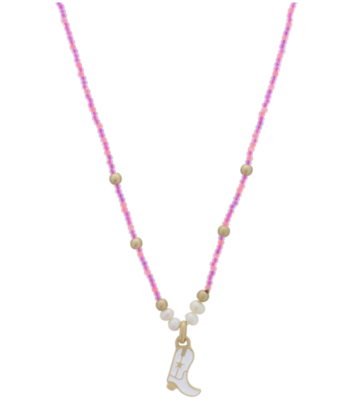 Kids Multi Beaded, White Enamel Star Cowgirl Boot Necklace