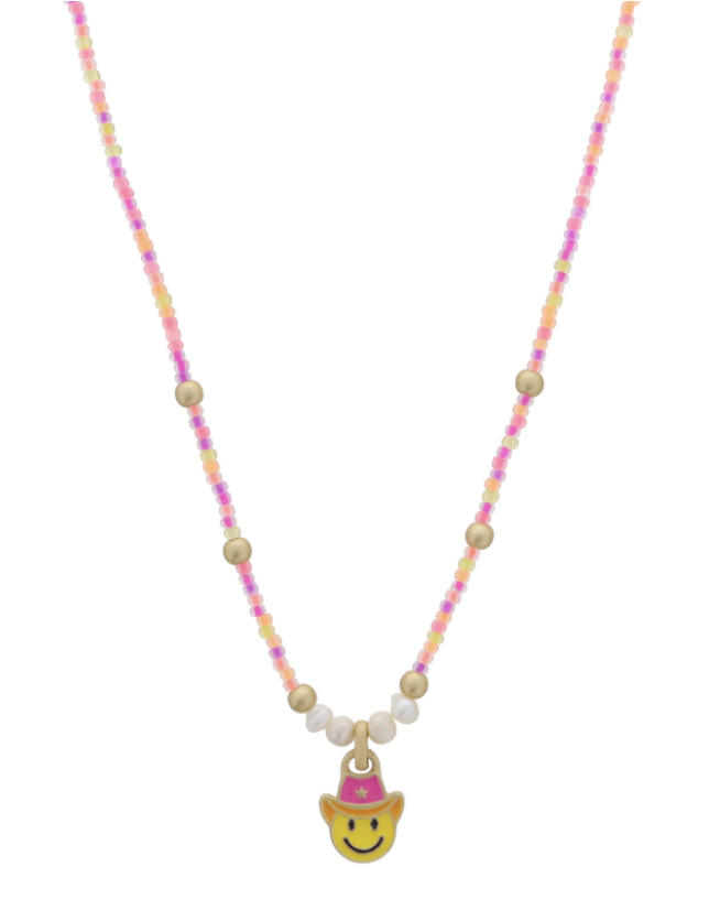 Kids Neon Pink And Orange W/ Cowgirl Smiley Face Necklace