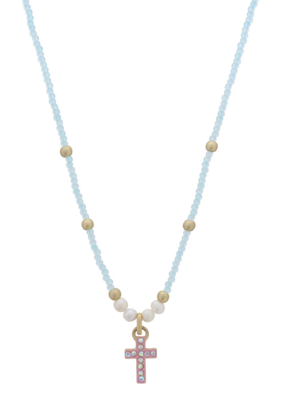 Kids Aqua Beaded W/ Crystal Cross Necklace