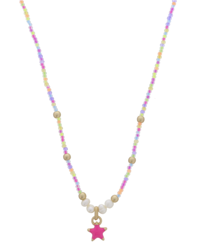 Kids Neon Multi Beaded W/ Hot Pink Enamel Star Necklace