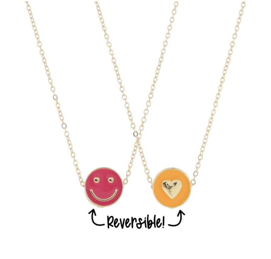 Kids Reversible Disc W/ Hot Pink Enamel Happy Face And Orange Enamel Heart Necklace