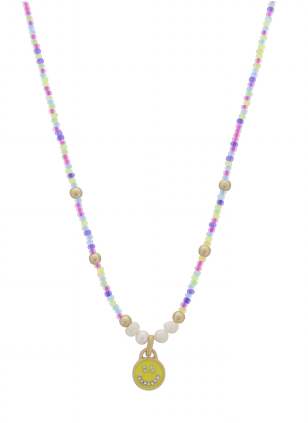 Kids Neon Beaded W/ Yellow Enamel Happy Face Necklace