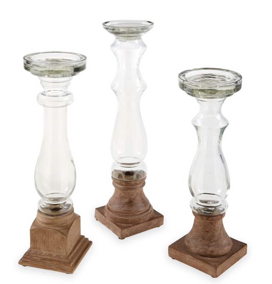 GLASS AND WOOD CANDLESTICKS