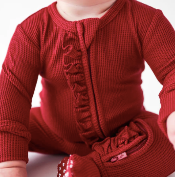 Posh Peanut Maroon Waffle Footie Ruffled Zippered One Piece